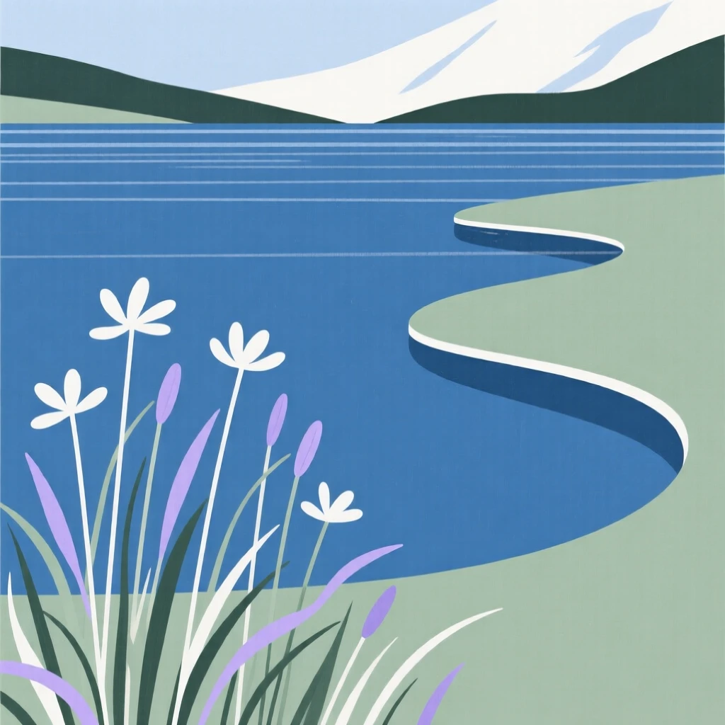 A quiet alpine lake, quiet and still, cradles a hidden lagoon resting beside wildflowers swaying in the breeze, capturing a feeling of raw natural power.