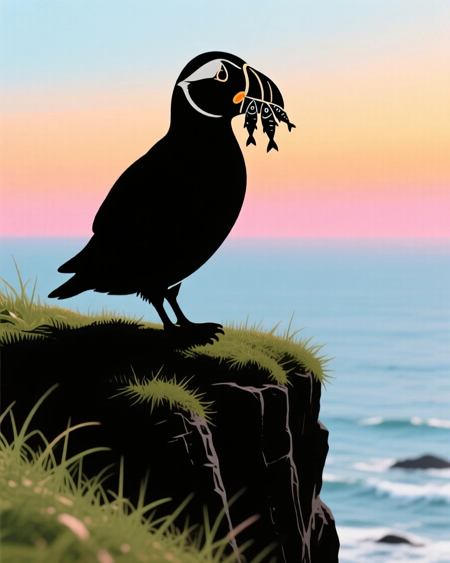 A puffin standing on a grassy sea cliff with a beak full of small fish.