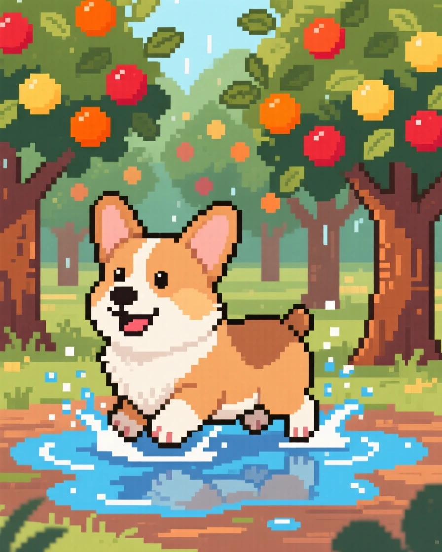 A fluffy corgi puppy splashing in a puddle after the rain, in an orchard heavy with ripe fruit.
