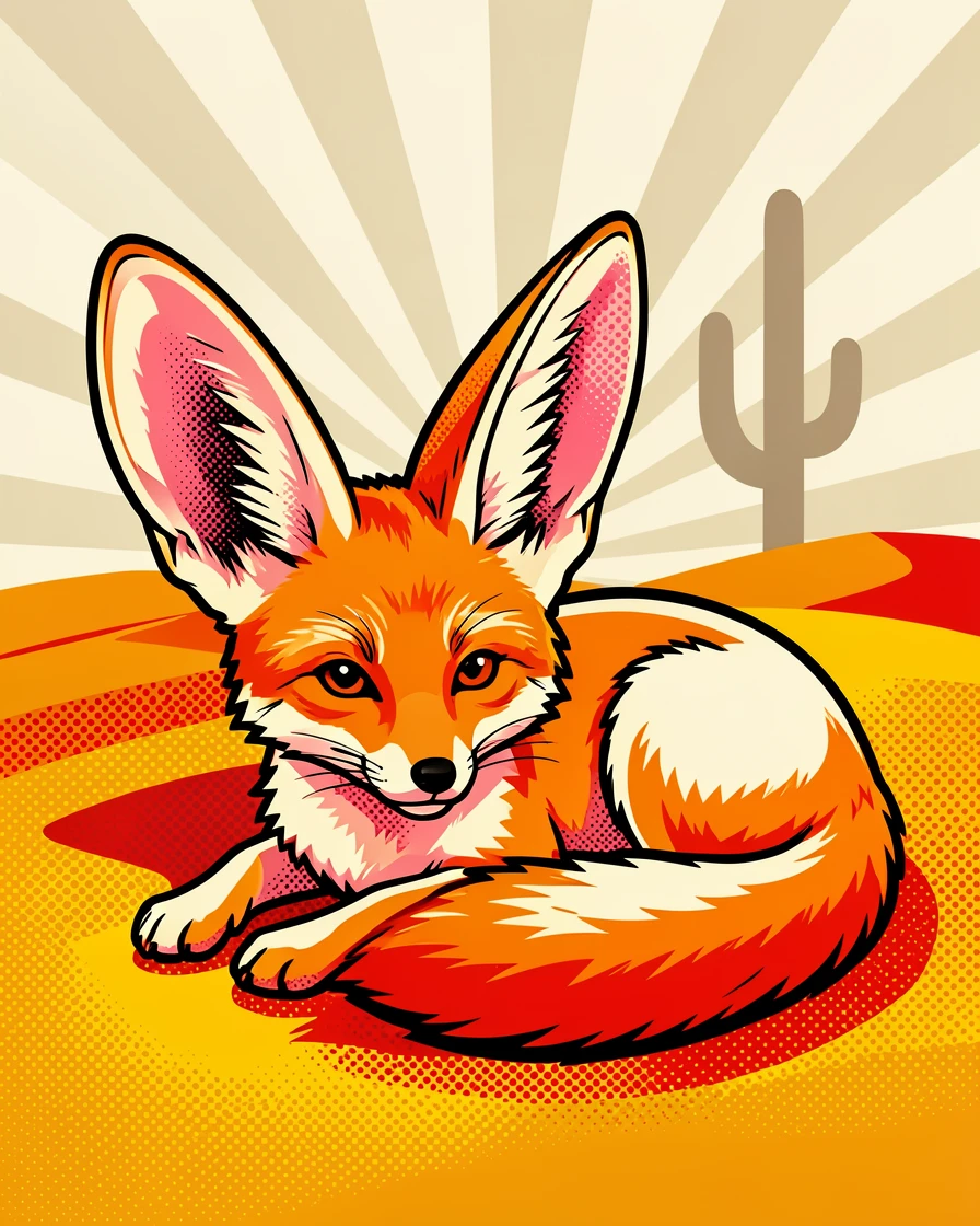 A fennec fox with oversized ears resting in warm desert sand