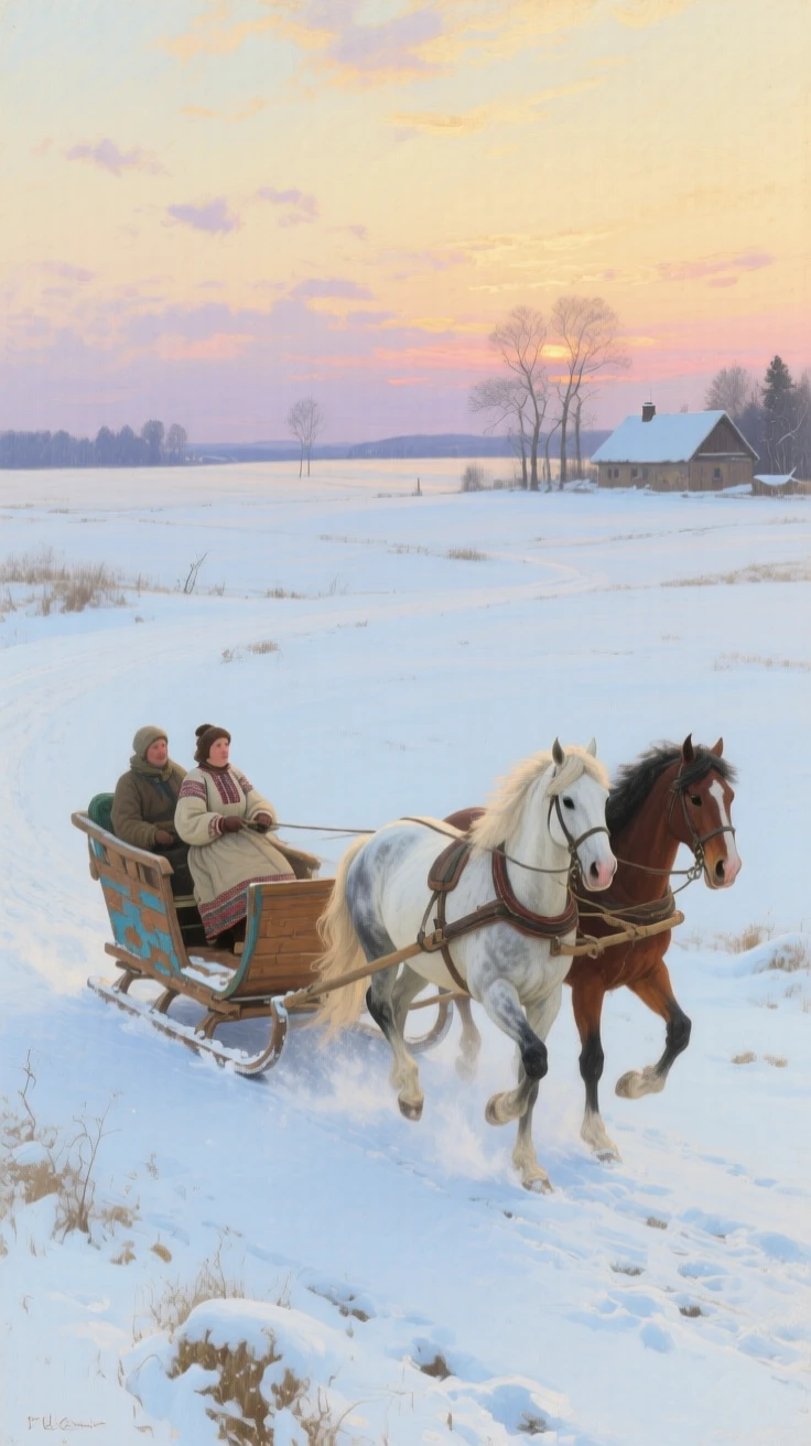 A sweeping wide shot of a horse-drawn sleigh gliding across a snow-covered field, in rural Poland, in the last light of sunset.