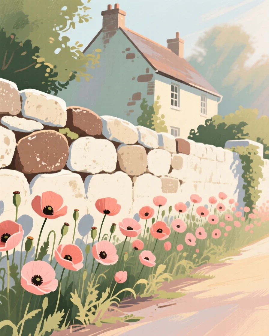 A stone farmhouse wall bordered by a row of blooming poppies