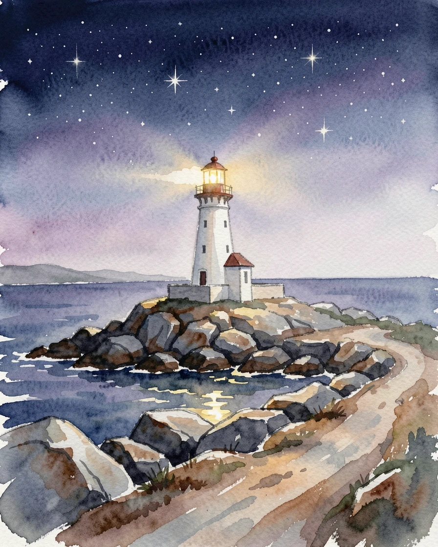 A coastal lighthouse on a rocky point under a starry night sky with a narrow dirt path leading into the distance.