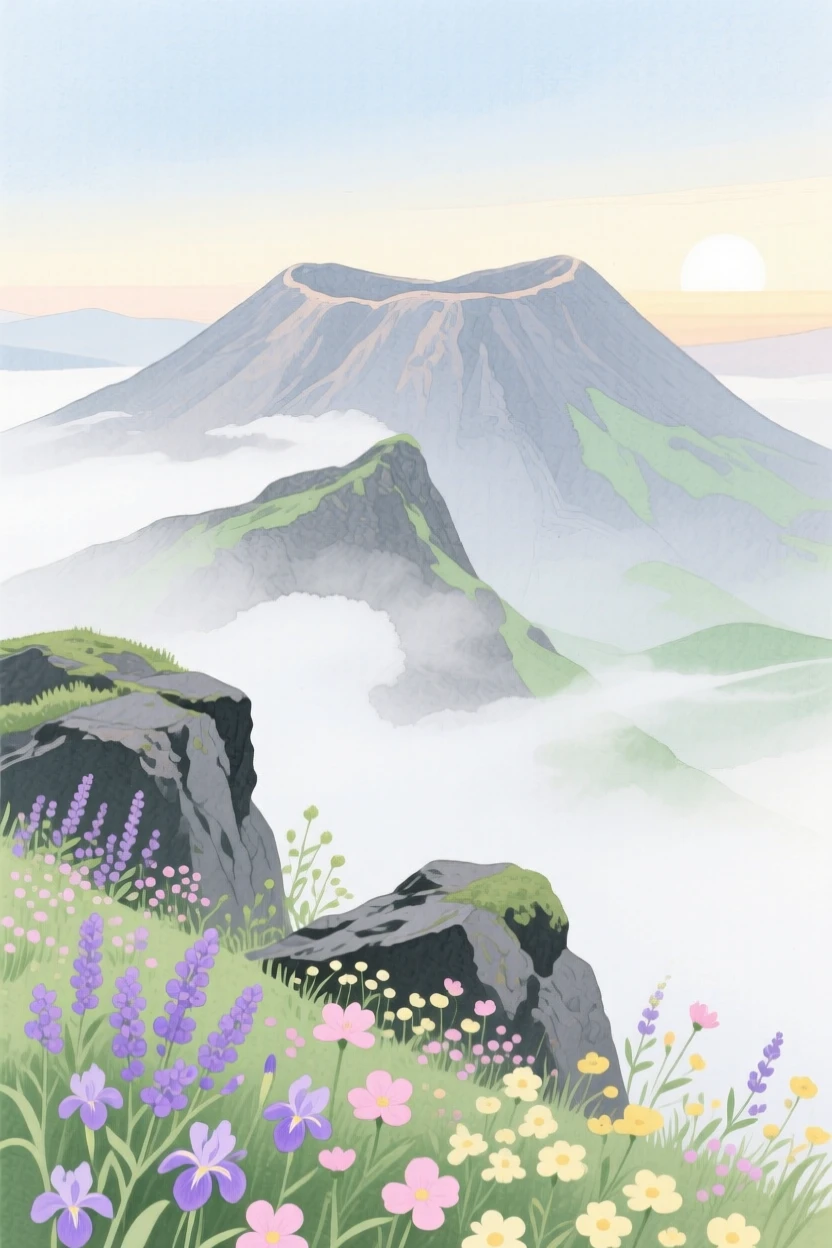 A breathtaking view of a volcanic ridge as morning mist rolls through, where wildflowers grow between the rocks