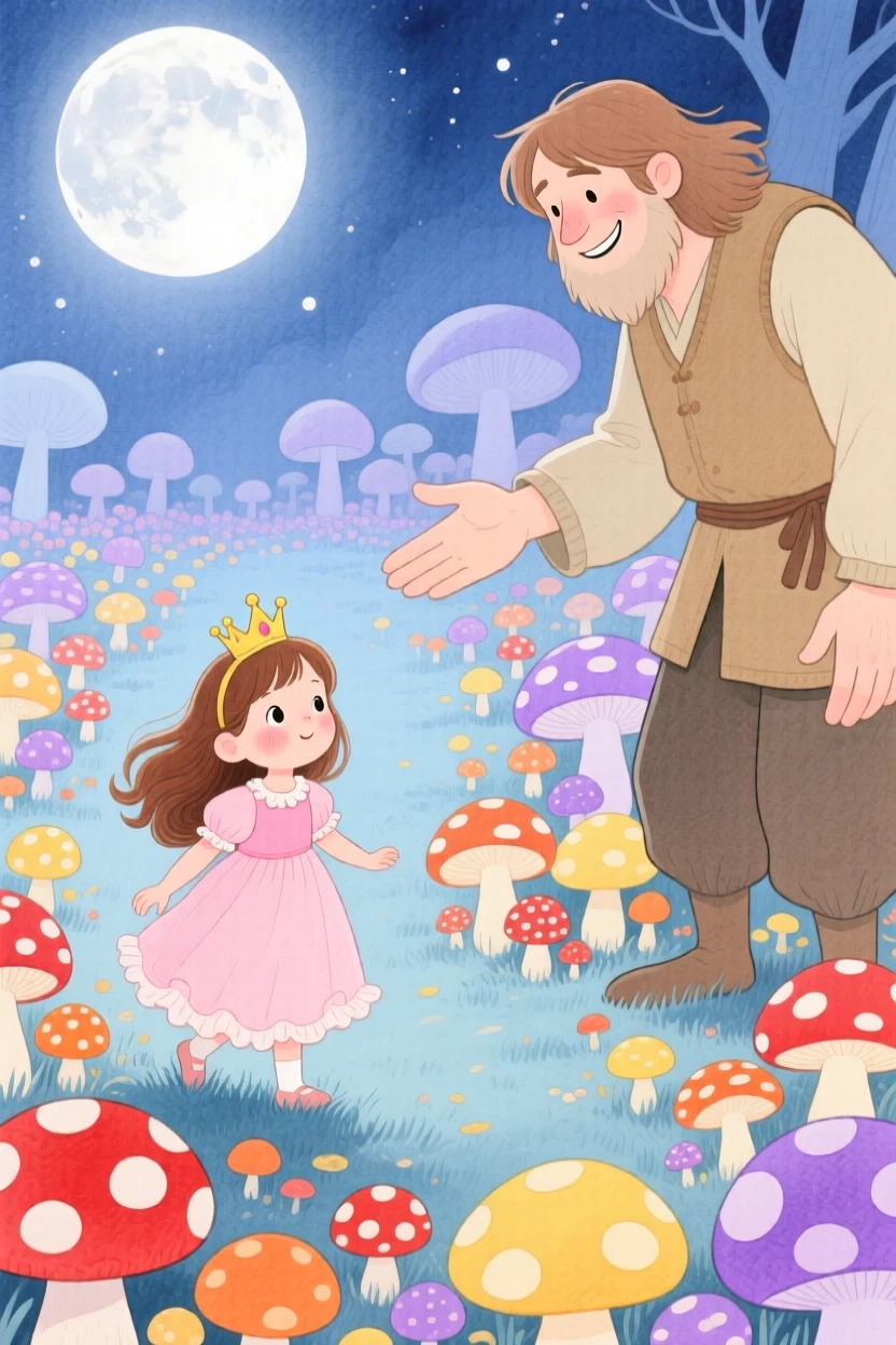 A little princess with a golden crown discovering a moonlit clearing full of mushrooms for the first time, greeted by a kind-hearted giant.