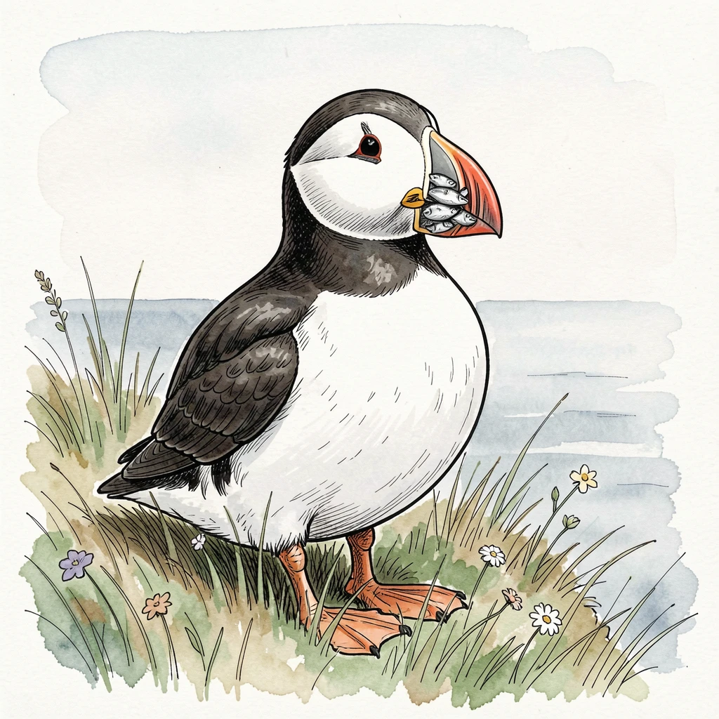 A puffin standing on a grassy cliff edge with a beak full of small silver fish