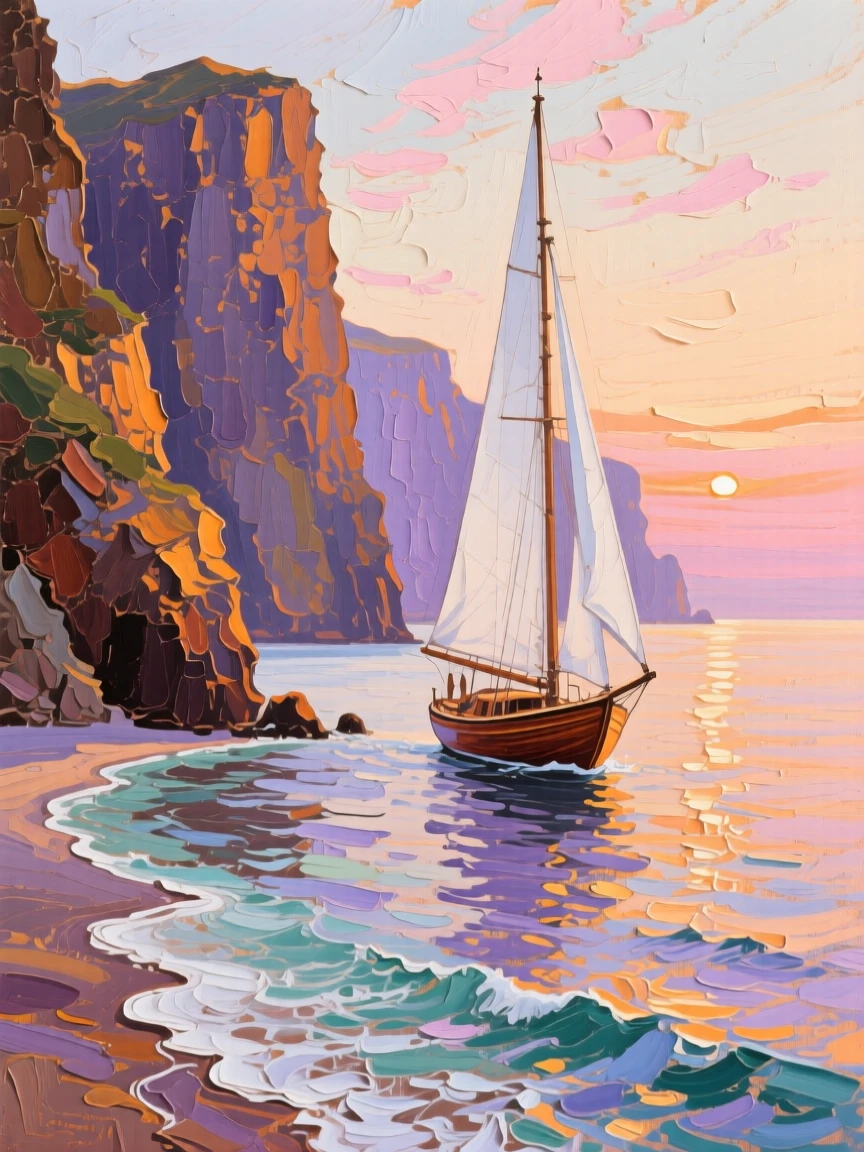 a sailboat gliding past sea cliffs, at dawn, composed along a natural leading line.