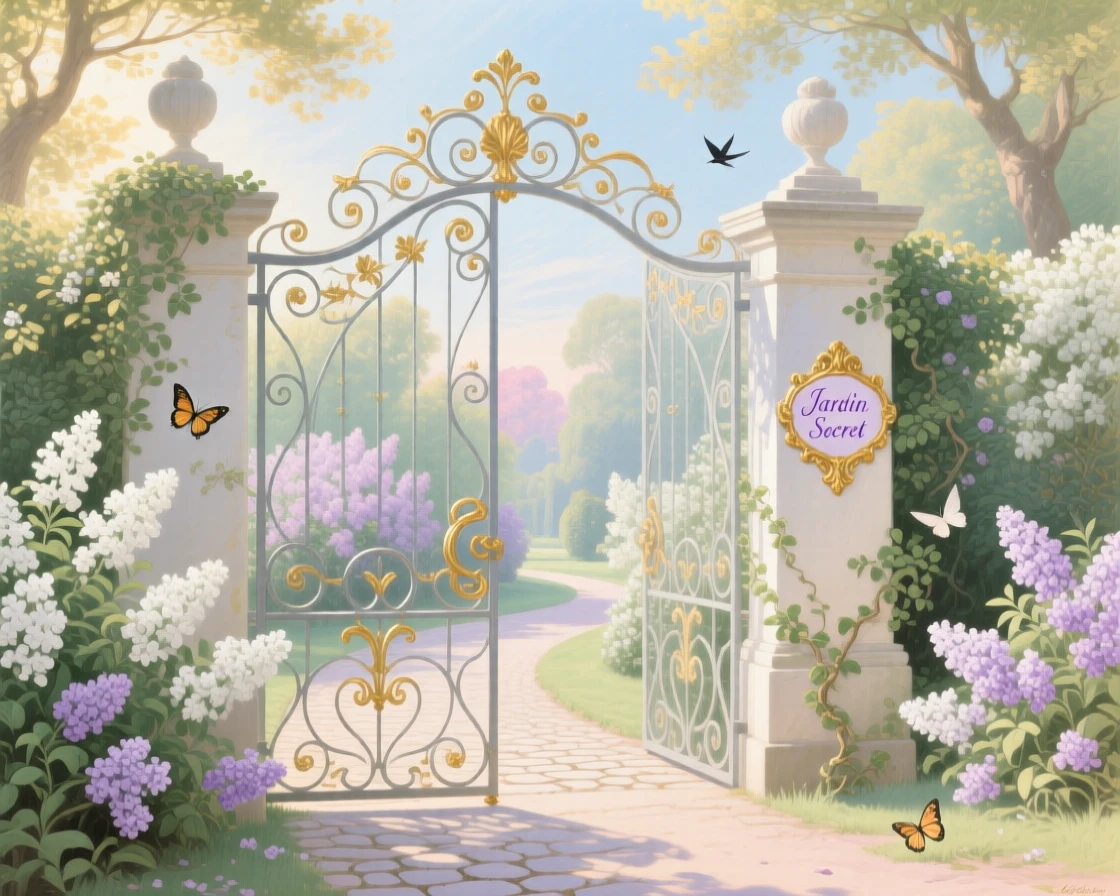 A secret garden gate opening onto a path lined with white lilacs  