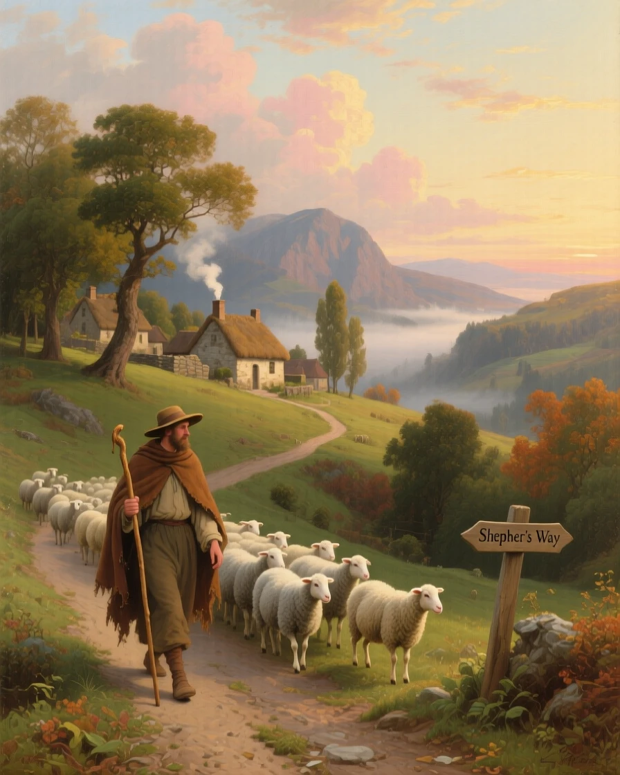 A shepherd drives his flock through the quiet lanes of a hillside village.