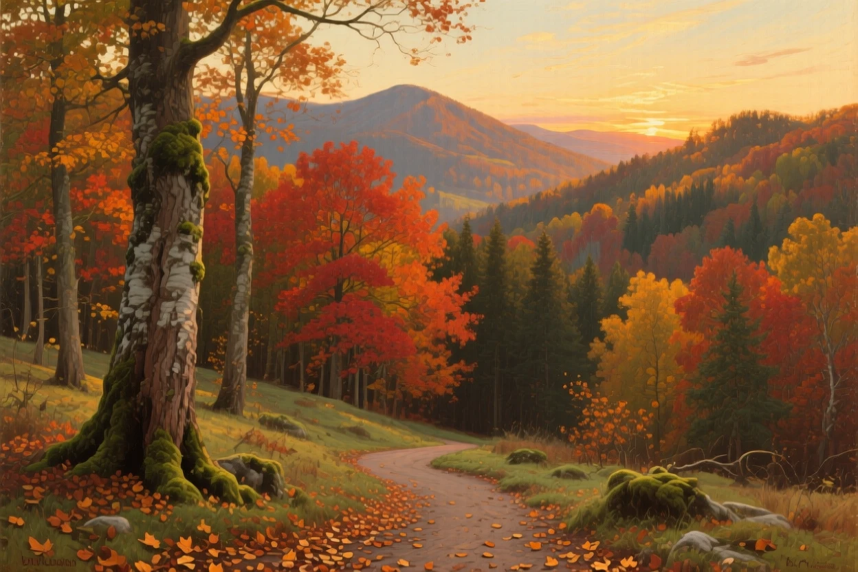 An autumn forest ablaze with red, orange, and gold foliage, with the last rays of sunset catching every ridge and peak, radiating tranquility and the timeless beauty of the natural world