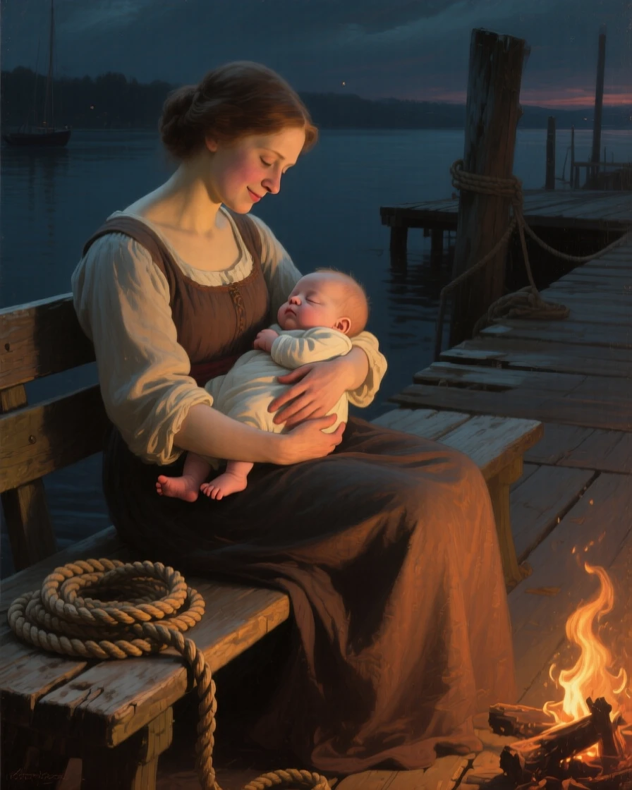 A young mother cradling her sleeping infant by firelight captured in a quiet, introspective moment, set on a weathered dockside bench beside coiled rope, with a faint, knowing smile just touching the corner of the mouth; the hands are given equal storytelling weight alongside the face, evoking tenderness, memory, and unspoken emotion.