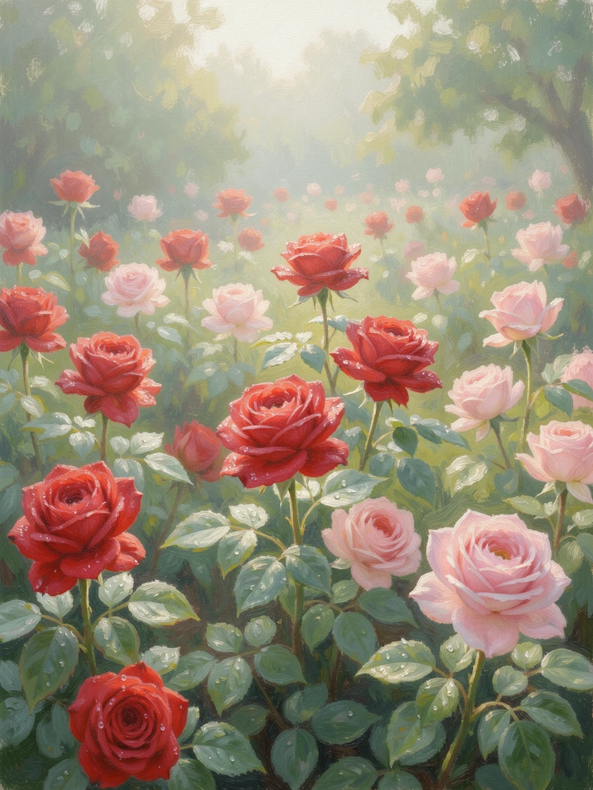 A rose garden in full bloom, dew clinging to velvety red and pink petals in early morning light.