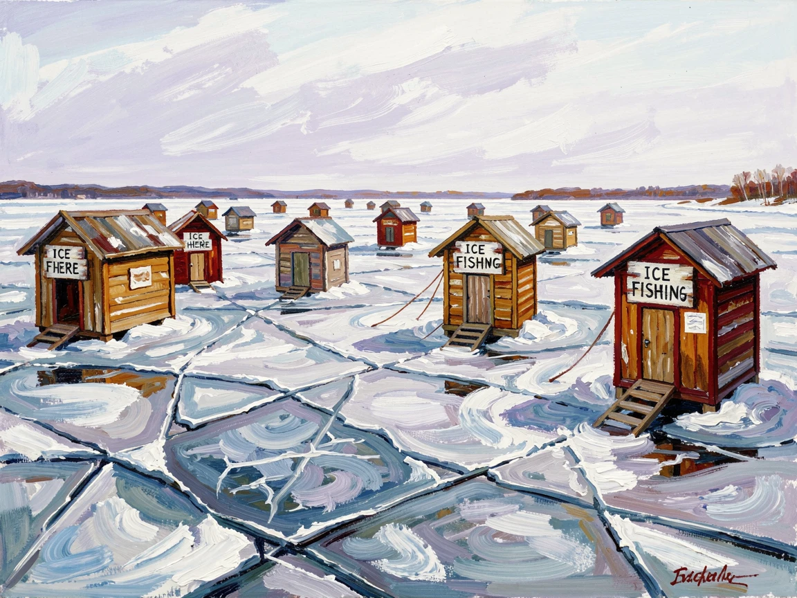 A frozen lake dotted with ice fishing huts under a pale winter sky.