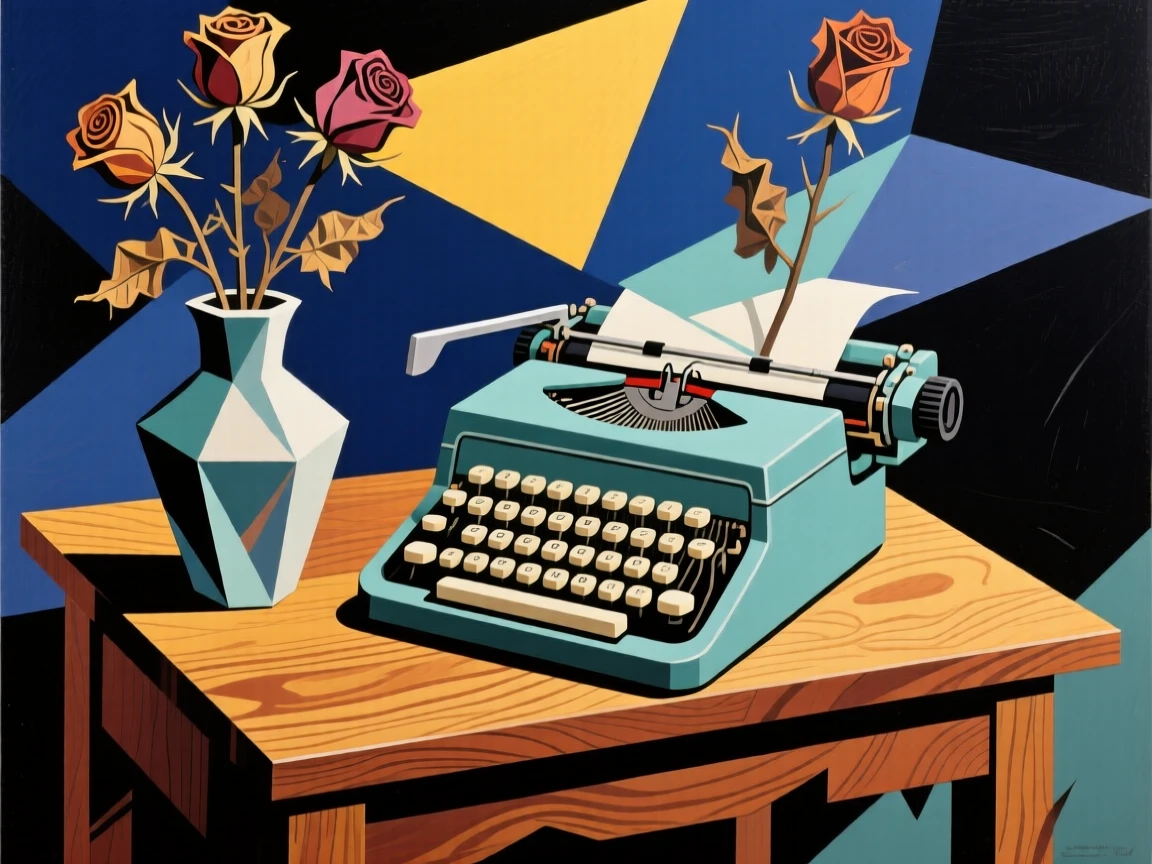 A vintage typewriter beside a vase of dried roses on a wooden desk.