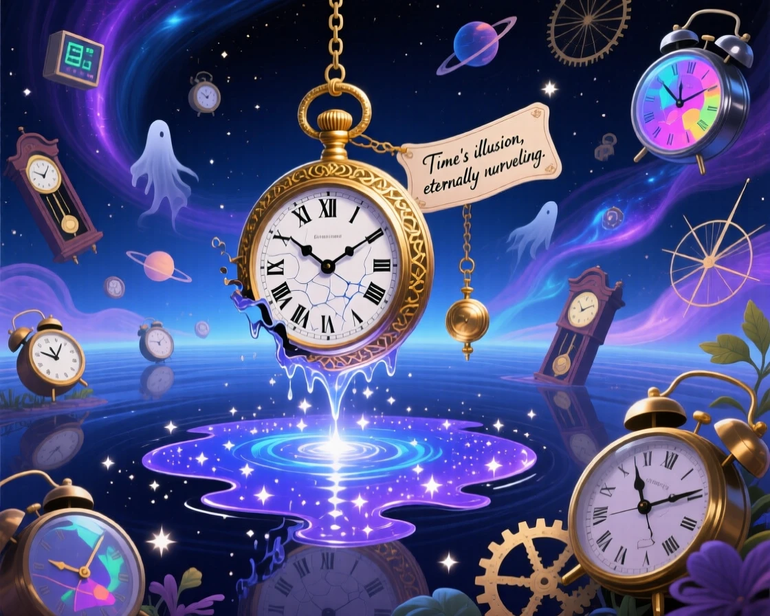 A pocket watch dissolving into a puddle of liquid starlight exists in a space where up and down have no meaning, as every clock within view shows a different, ticking hour.