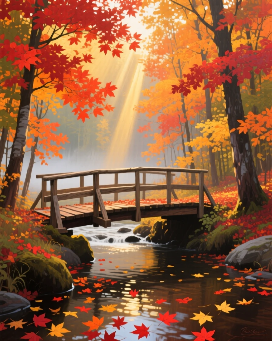 A vibrant maple forest in Ontario blazes red and orange in October, a wooden footbridge crossing a stream scattered with fallen leaves, sunlight breaking through in golden shafts, the air carrying a faint mist that softens distant shapes without obscuring the overall view.