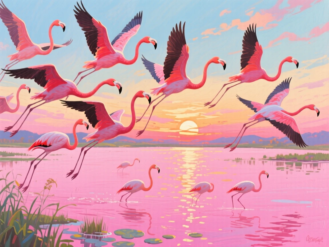 A flamingo flock taking flight together over a pink-tinted lagoon at sunset