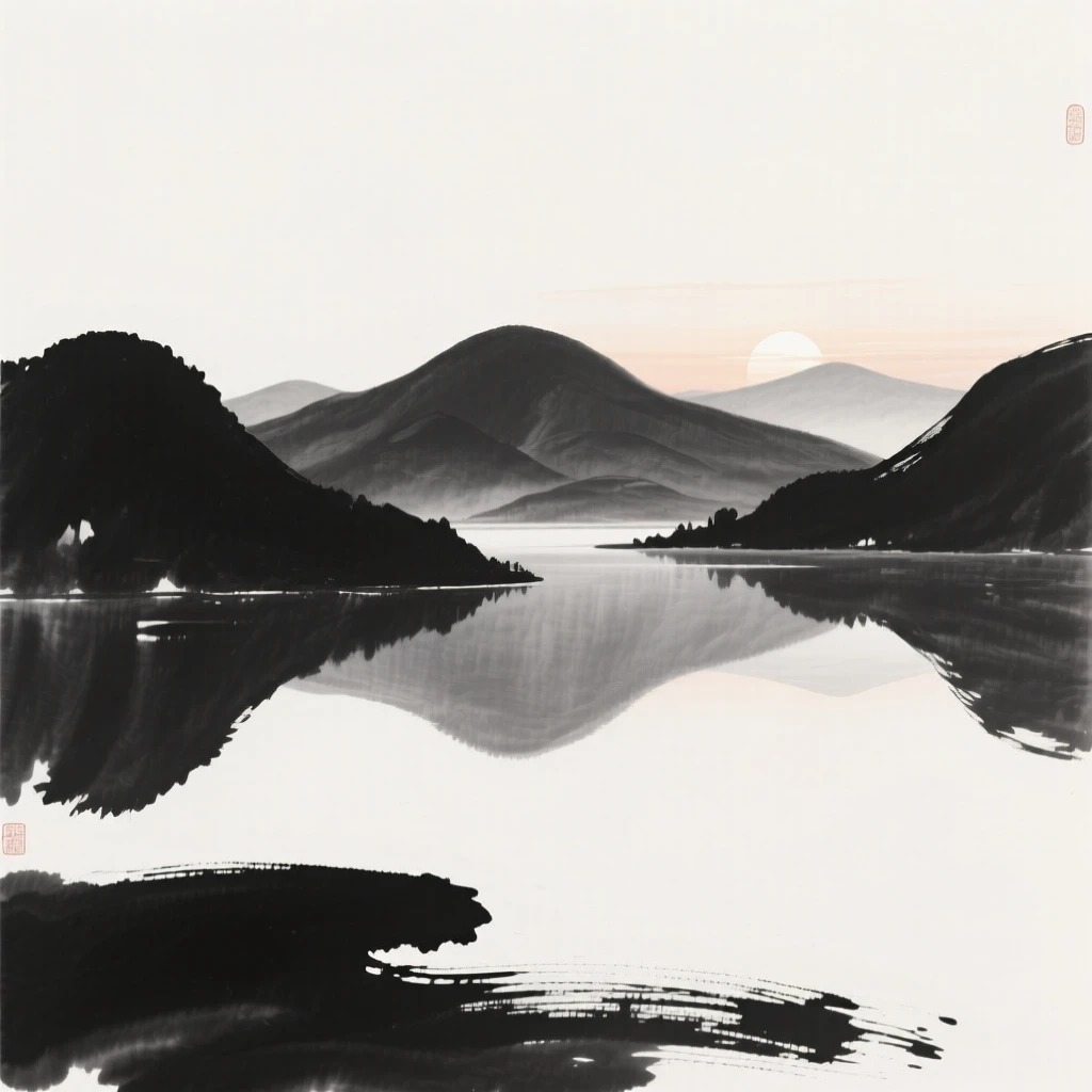 a still mountain lake at dawn, mirroring the surrounding hills on its glassy surface.