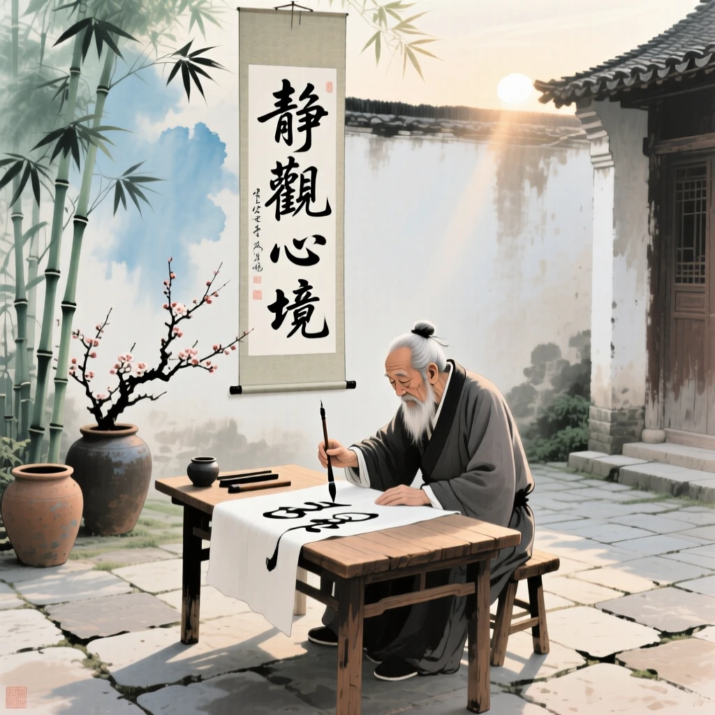 A calligrapher practicing brushstrokes in a quiet courtyard at dawn, filled with tranquil stillness, at midday.
