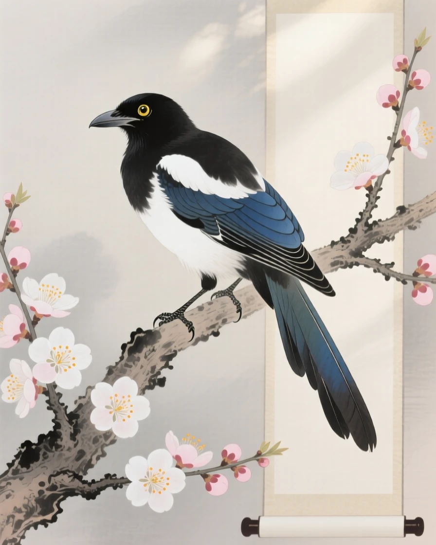 A magpie perched on a blossoming plum branch, soft morning light filtering through the branches
