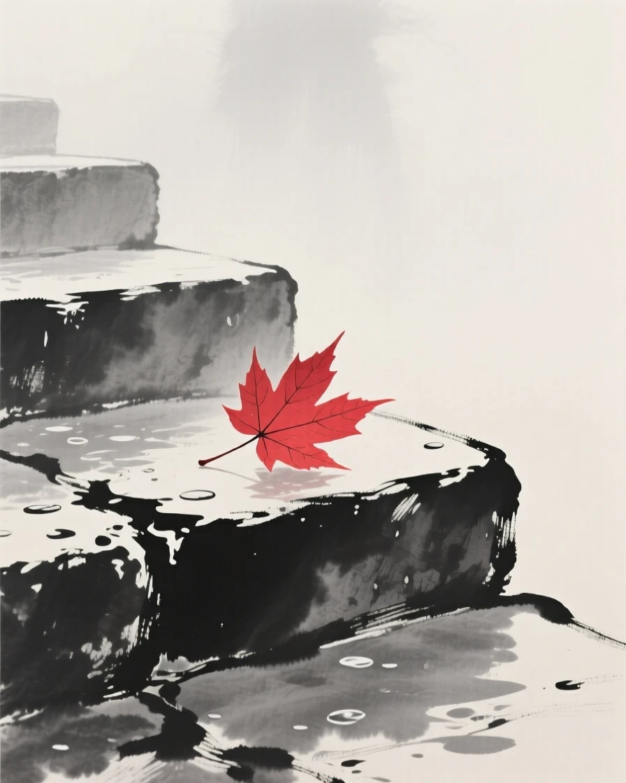 A single red maple leaf resting on wet stone steps, set against a soft gradient of misty background, evoking quiet elegance and simple grace.
