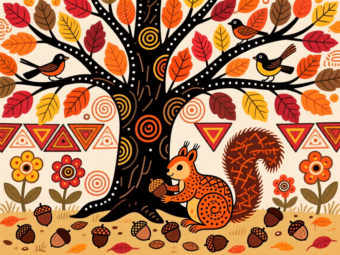 A squirrel gathering acorns beneath an autumn oak tree.