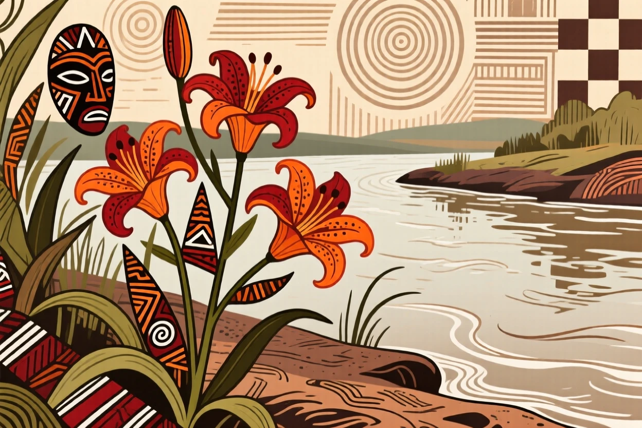 A patch of blooming flame lilies growing along the edge of a quiet riverbank.