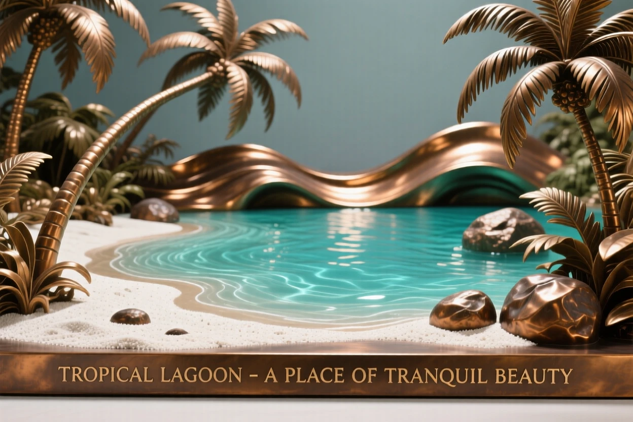 A tropical lagoon with turquoise water and white sand, rendered in vivid, atmospheric detail, offering a breathtaking sense of place