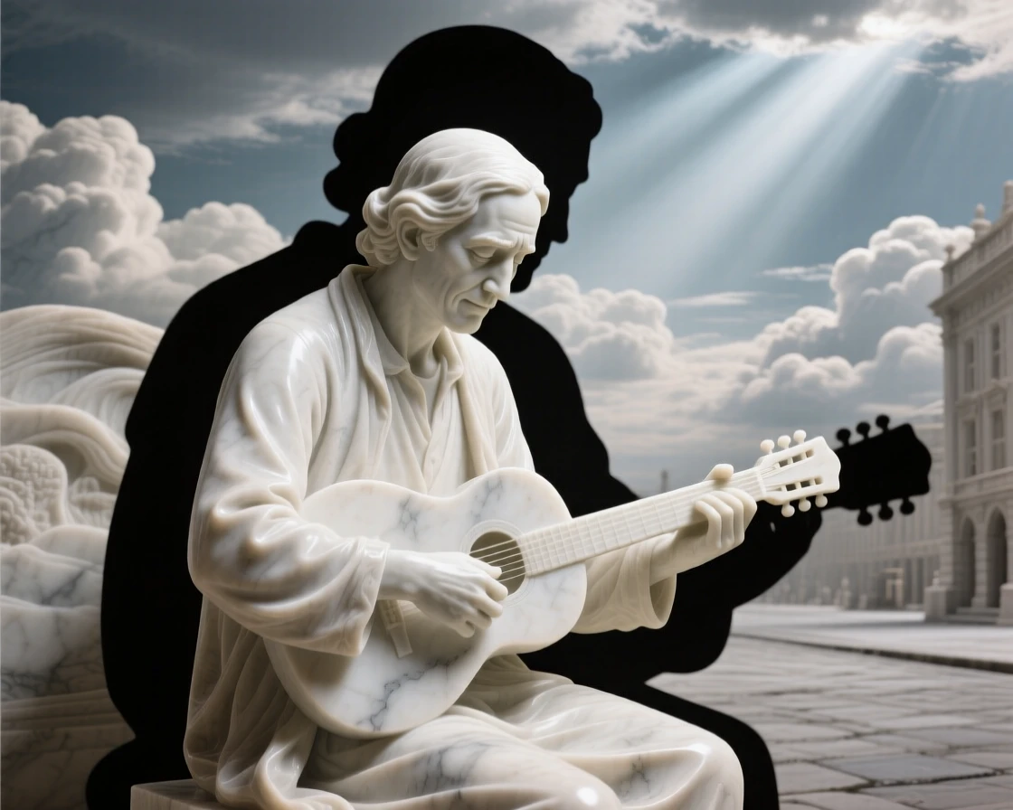 A tender portrait of a street musician, looking down with a tender, protective gaze, silhouetted against a dramatic sky, evoking warmth and humanity