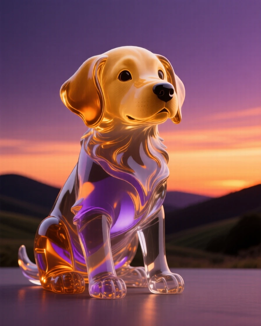 A golden retriever puppy silhouetted against a dramatic sunset sky over rolling hills, warm orange and purple tones creating a serene, cinematic mood.