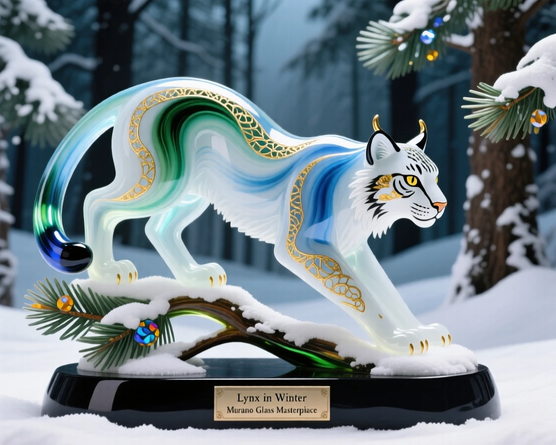A lynx stalking silently through a snow-dusted pine forest, intense and stealthy.