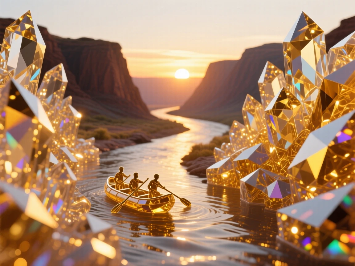 A canyon river bend glowing gold at sunset, rafters as tiny silhouettes.
