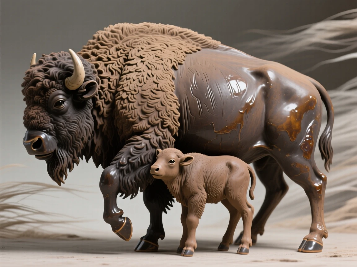 A bison standing firm against the wind curled protectively around its young, with one paw raised mid-step, suggesting a deep bond between mother and young.