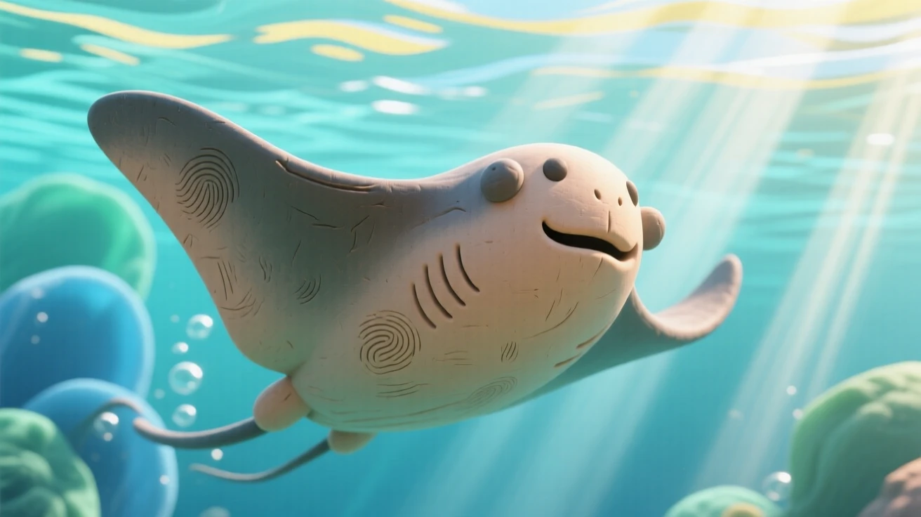 A manta ray gliding gracefully beneath sunbeams piercing clear water