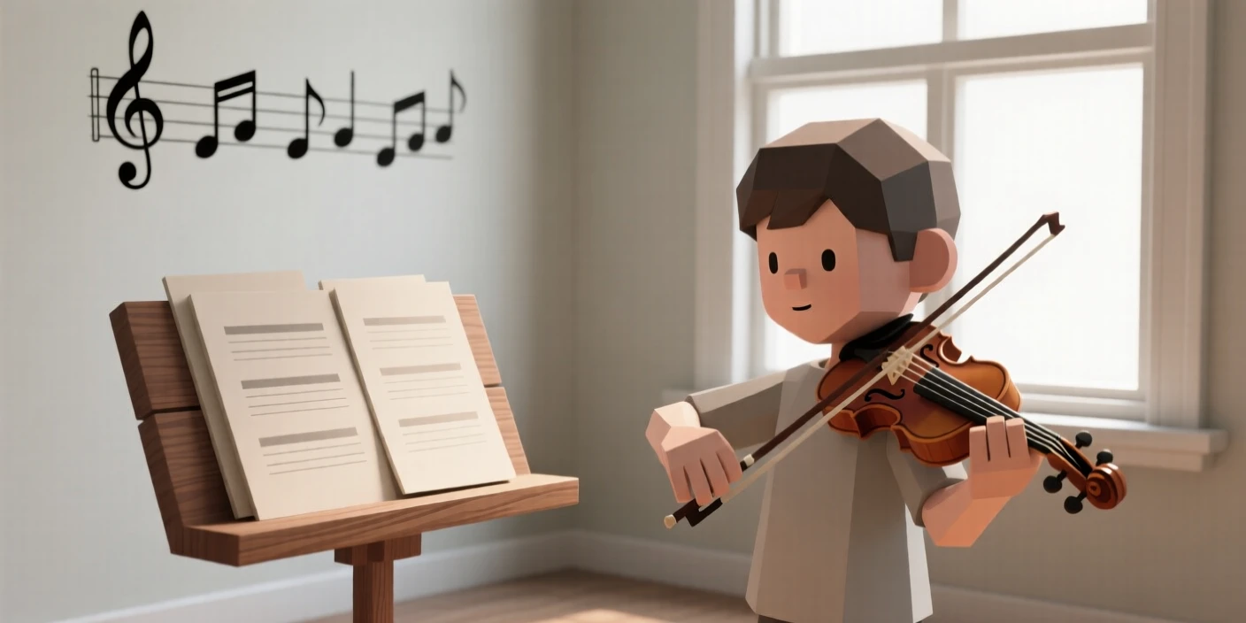 A young violin prodigy practices in a sunlit music room, sheet music scattered across an antique wooden stand.