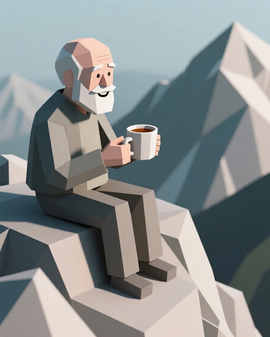 An elderly man smiling warmly over a cup of tea, atop a mountain overlook. the framing emphasizes motion and energy. It captures a feeling of quiet triumph.