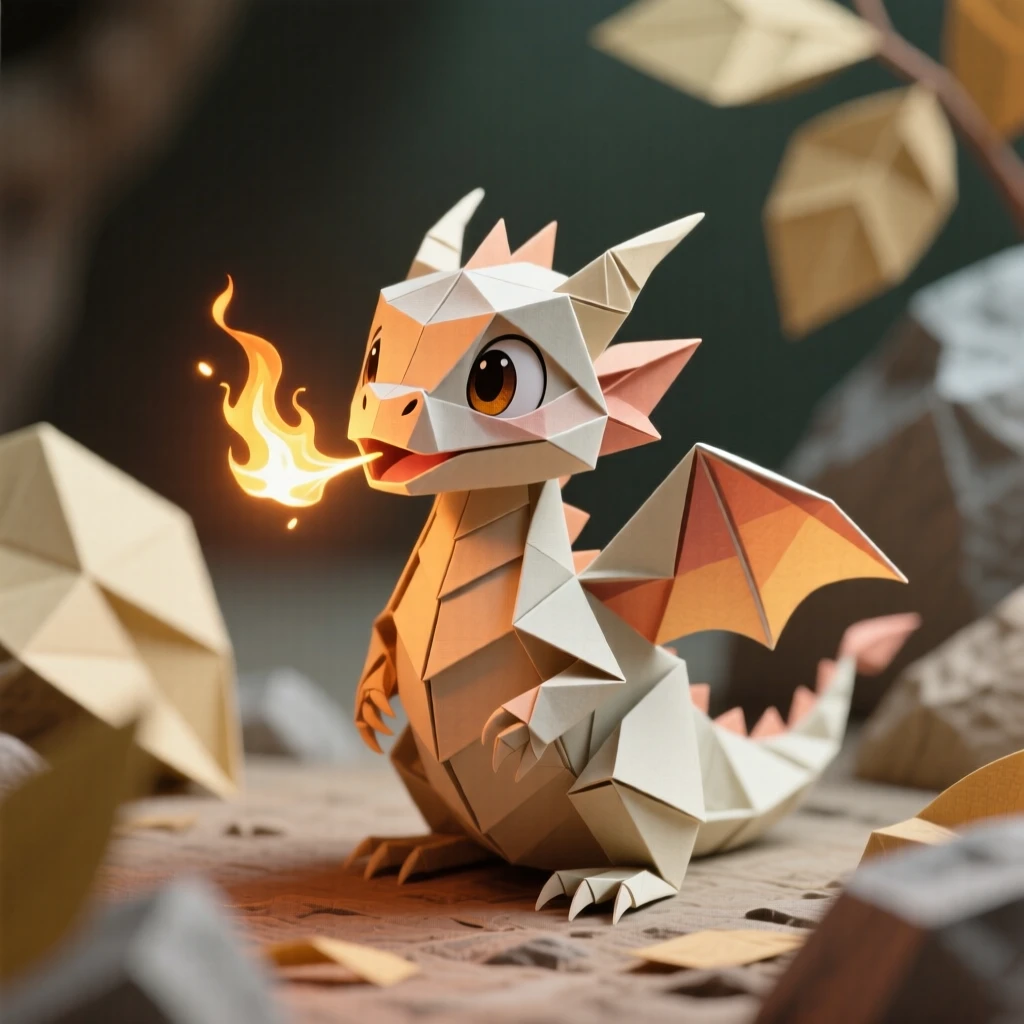 A small dragon hatchling breathing its very first spark of fire, looking surprised by its own flame.