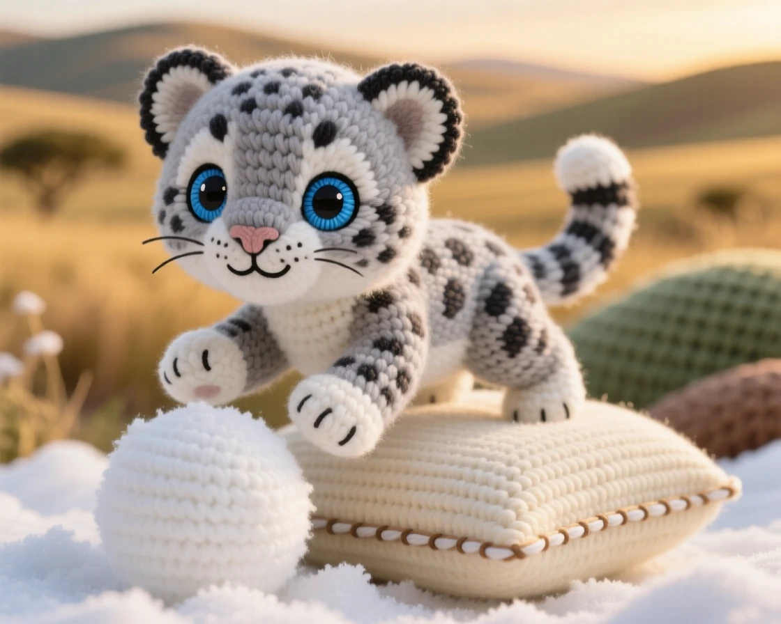 A heartwarming close-up of a baby snow leopard cub, with smoky spotted fur and blue eyes, pouncing playfully on a snowball in a rolling savanna at golden hour; a soft round pillow tucked beneath it completes the scene, radiating cheerful energy and boundless enthusiasm.