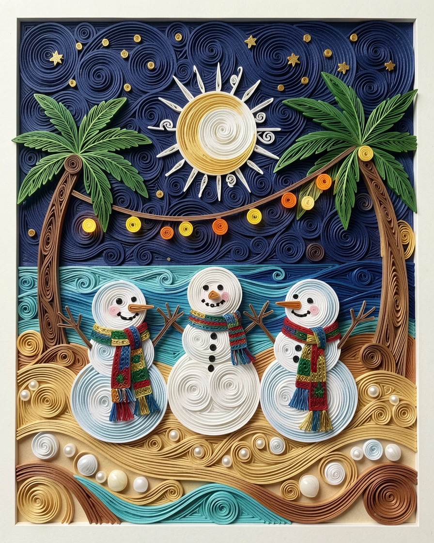 A festive holiday scene of a family of snowmen wearing colorful scarves on a moonlit beach during a warm summer evening, under the warm glow of string lights, arranged with warm twinkling lights scattered throughout.