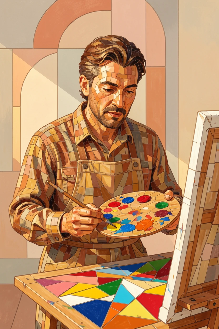 A warm, expressive portrait of a painter working on a colorful canvas in a sunlit studio, with soft natural lighting and rich emotional detail.