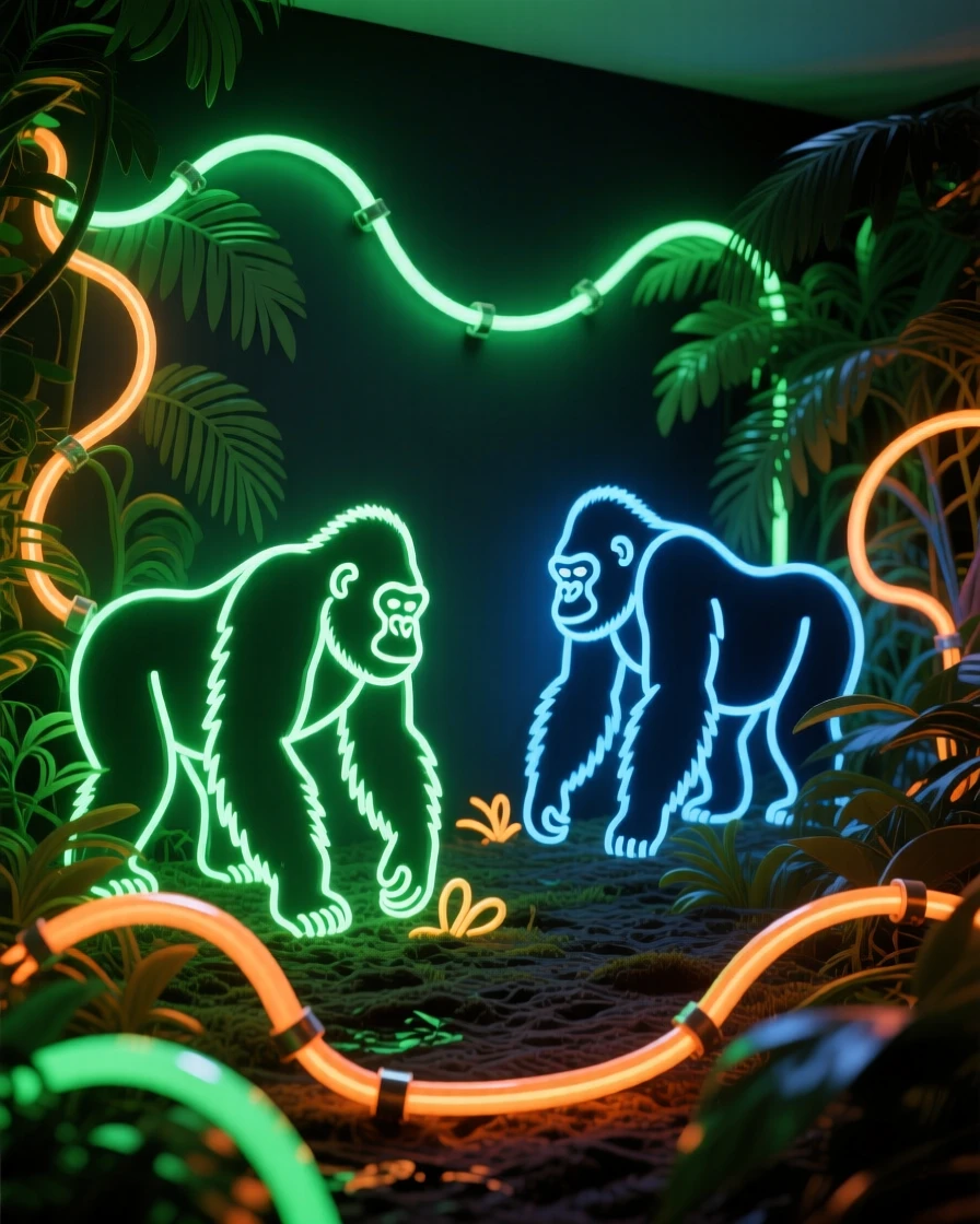 A troop of gorillas foraging in a dense jungle clearing.