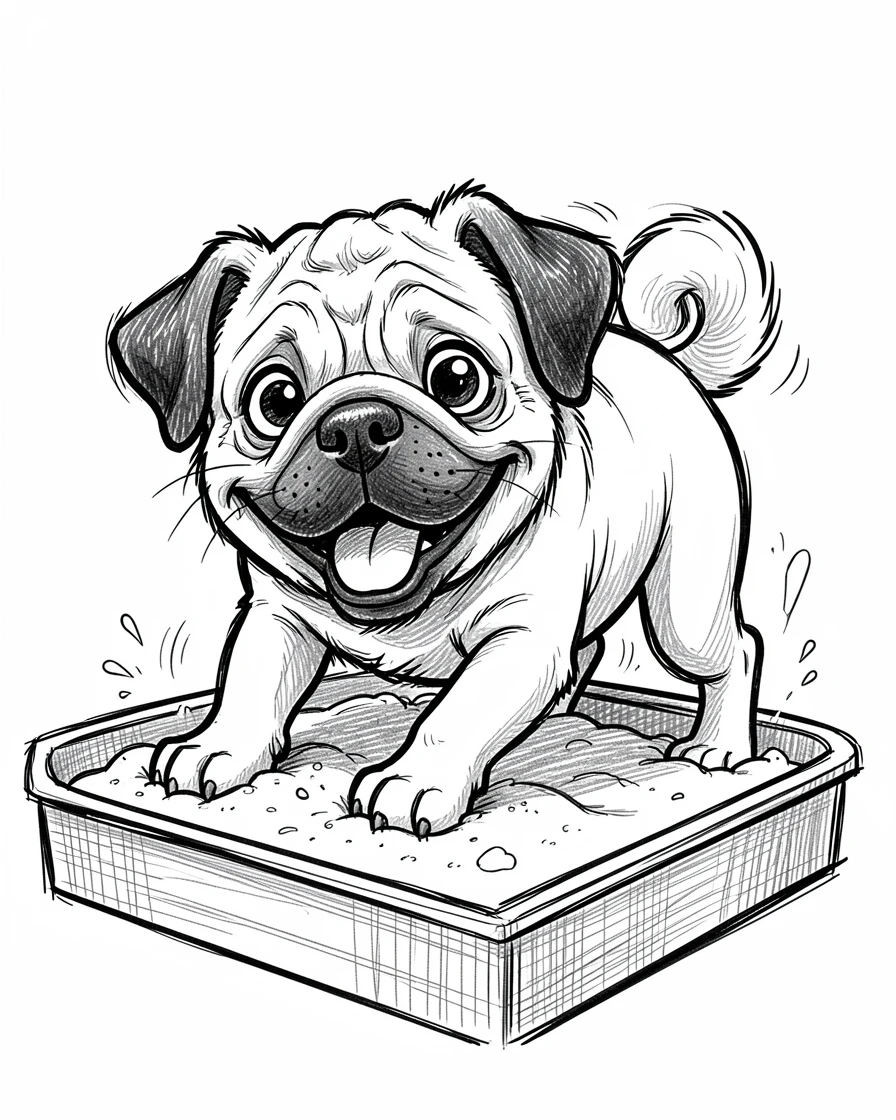 A pug with a wrinkled face digging happily in a sandbox.