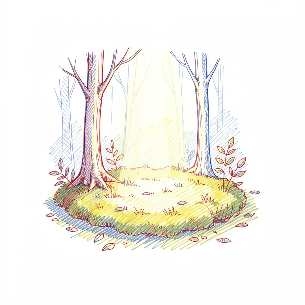 A quiet forest clearing with a single shaft of light illuminating a bed of moss