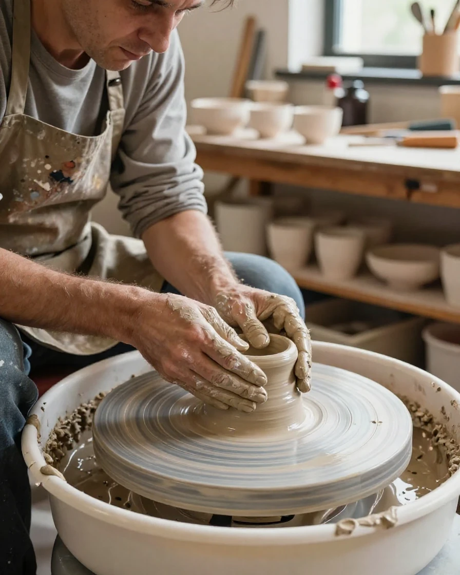 A potter shaping clay on a spinning wheel