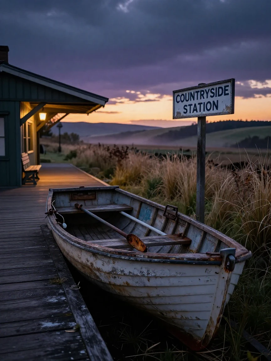 A weathered rowboat waiting at a quiet countryside station under a darkening evening sky
