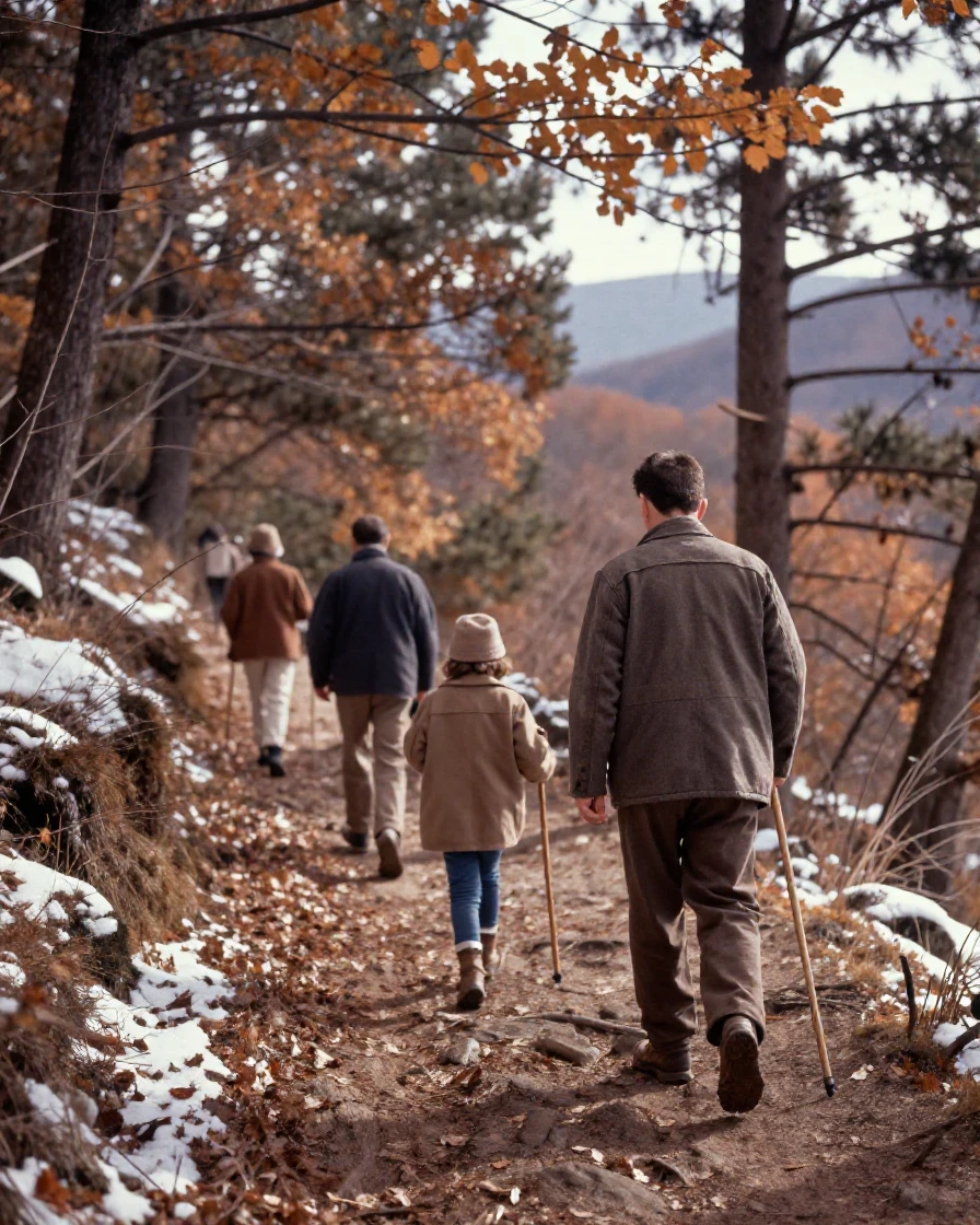 A family hiking a mountain trail together, walking sticks in hand, in dappled light filtering through leaves, in still, windless air, under the first snow of winter, in earthy terracotta and ochre shades, from behind, looking toward the horizon.