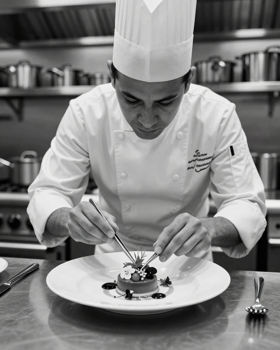 A chef plates a dessert with tweezers and precision in a bustling restaurant kitchen.