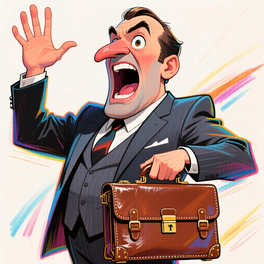 A confident lawyer in a sharp suit, one hand raised mid-argument, briefcase in the other.