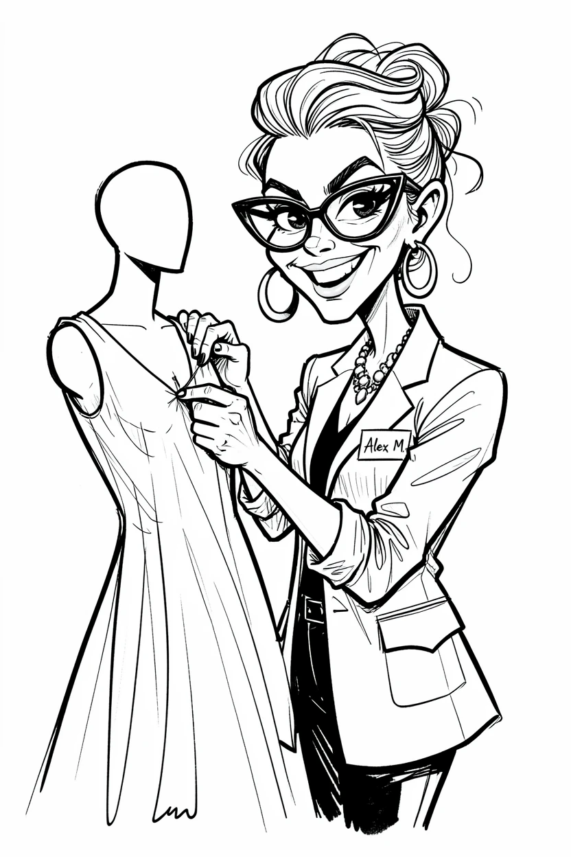 [People Portraits & Characters] Portrait of a stylish fashion designer pinning fabric on a mannequin, full of personality and charm