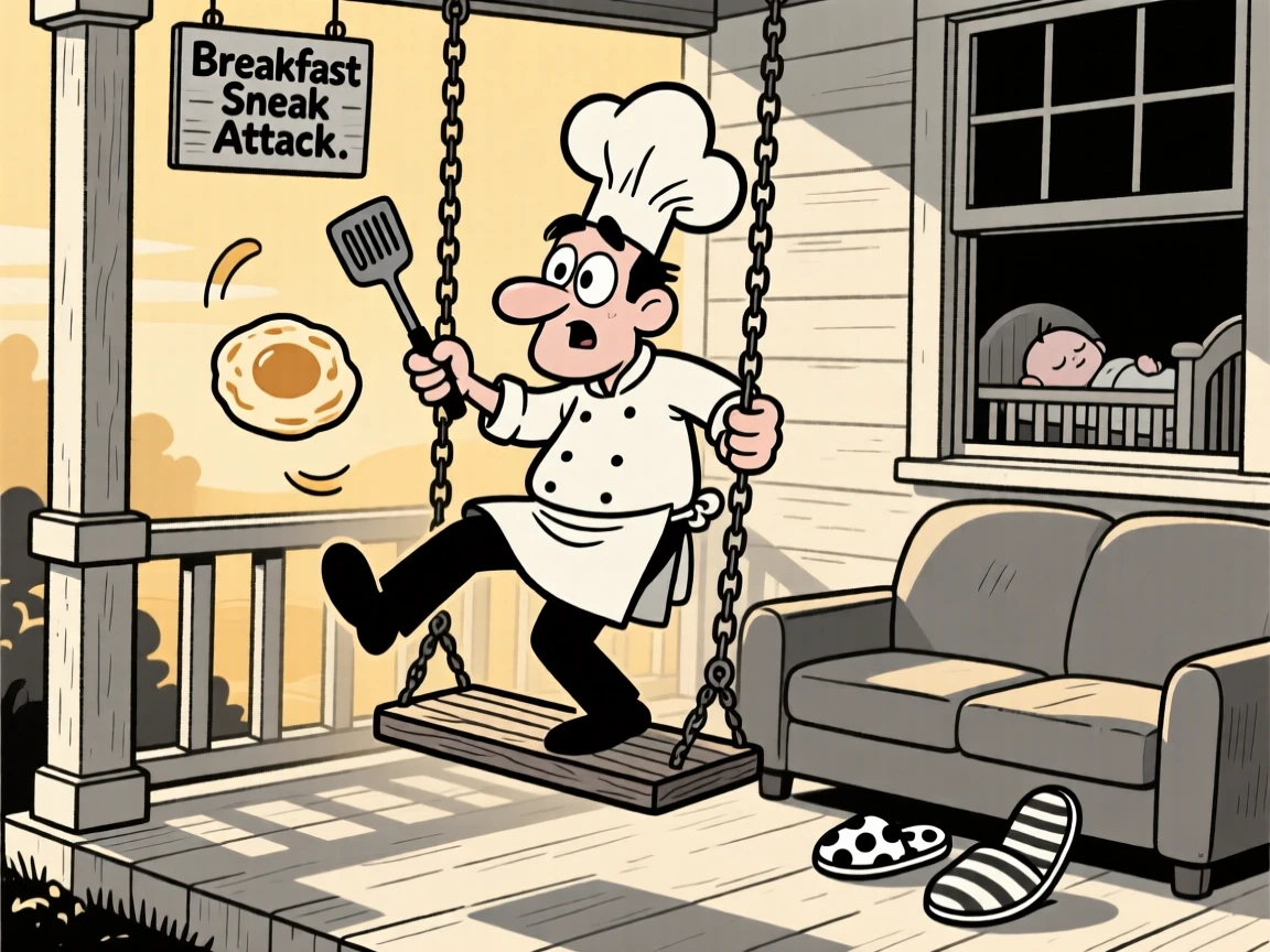 A dad flipping pancakes with a chef's hat askew, tiptoeing quietly so as not to wake the baby, set on a porch swing at golden hour. Mismatched slippers peek out from under the couch. It feels like a memory worth framing forever.